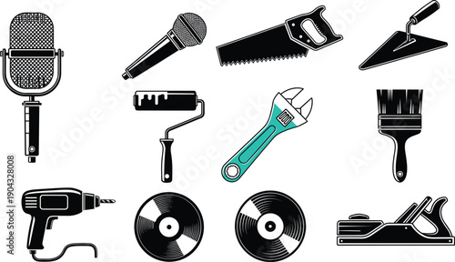 Tool icons set, microphone, saw, trowel, wrench, drill, paint roller, brush, hand plane, vector illustration collection