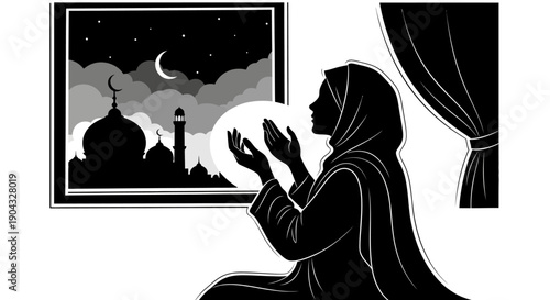 Vector illustration of a Muslim woman praying indoors during Ramadan with a mosque scene at night in the background.