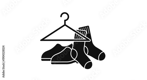 This black and white clothing hanger and laundry icon represents fashion, wardrobe organization, dry cleaning, and garment care concepts. The illustration visually communicates clothing storage, laund
