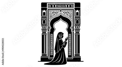 Vector illustration of a Muslim woman praying in a mosque with an ornate archway in a simple black and white style.