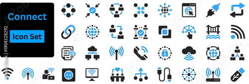 Connect solid icon set contain network, internet, wifi, join, collaboration, connectivity, interaction, cable, integration, and connection icons. 