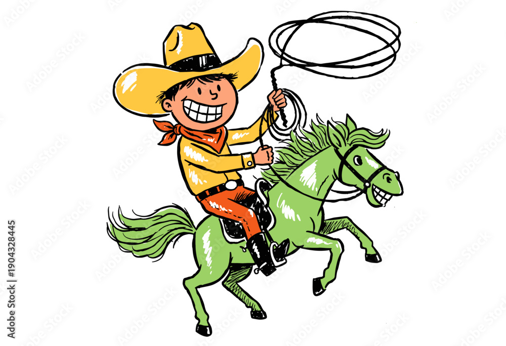 Fototapeta premium Cowboy kid riding a wild horse cartoon artwork. Happy child smiling illustration. Retro comic style graphic print design. Western rodeo concept design