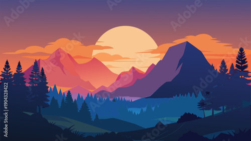 Serene sunset over majestic mountains and forest valley
