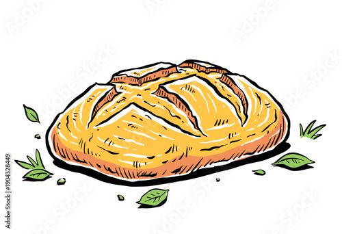 Fresh baked rustic bread artwork. Bakery t shirt graphic design. Homemade delicious loaf sketch. Vintage engraving style drawing. Artisan food poster