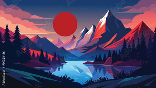 Serene sunset over mountain peaks and tranquil forest lake