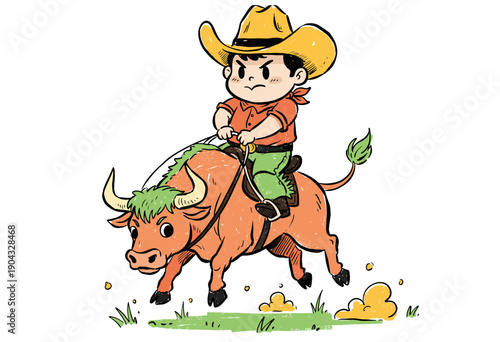 Cartoon bull riding artwork for apparel and sticker. Wild west rodeo championship graphic design. Cowboy character riding a fierce bull illustration