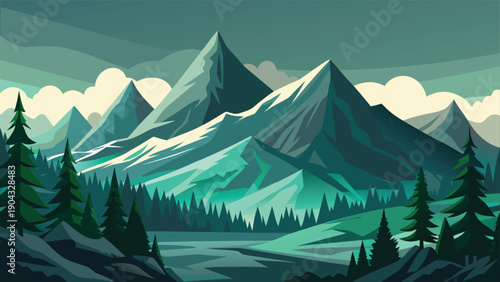 Serene mountain landscape with dense forest and gentle clouds