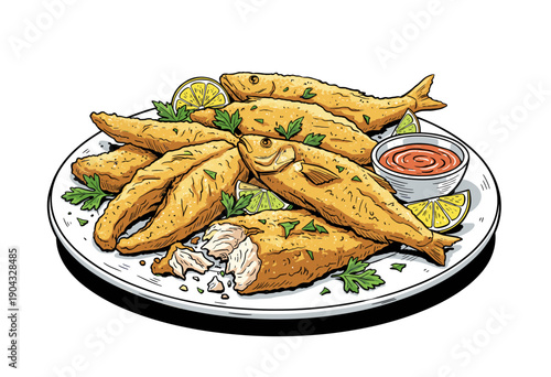 Fried fish illustration on plate. Crispy seafood meal graphic design. Vintage restaurant menu vector art. Delicious deep fried fish sticks. Fish artwo