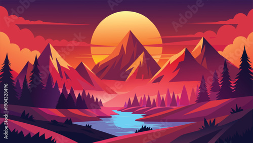 Sunset mountain landscape vector illustration