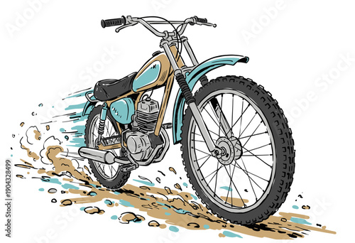 Vintage dirt bike graphic design. Motocross motorcycle sketch illustration. Off road adventure speed artwork. Old school enduro racing concept. Motorc
