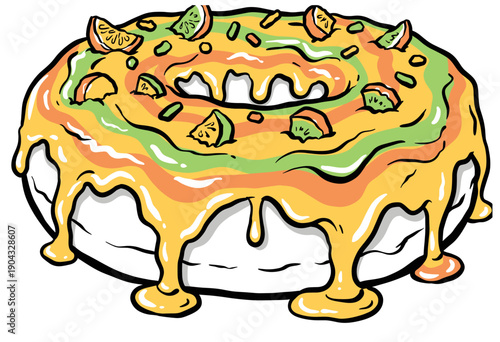 Dessert donut graphic illustration for poster. Cartoon donut artwork for t-shirt design. Sweet tropical fruit glazed doughnut drawing. Delicious flowi