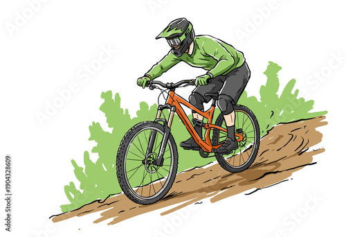 Downhill mountain bike illustration. Extreme sports graphic design. Rider descending dirt trail artwork. MTB apparel print design vector. Bike challen