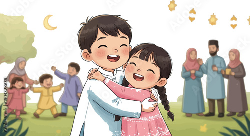 Heartwarming Illustration of Muslim Siblings Hugging During Eid Celebration Outdoors