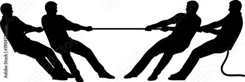 Tug of war silhouettes, team pulling rope competition, strength teamwork activity, isolated black vector illustration, sport challenge concept