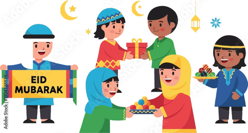 Diverse Islamic Children Celebrating Festival with Treats and Lanterns