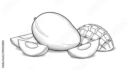 Hand-drawn Mango Fruit Illustration - Whole, Sliced, and Diced