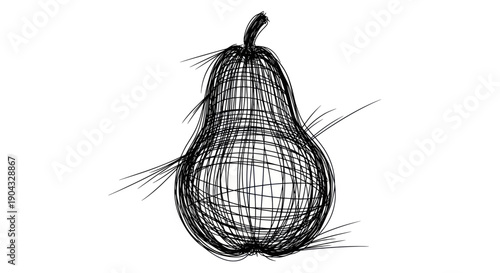 Hand-drawn pear sketch in black and white, minimalist fruit illustration