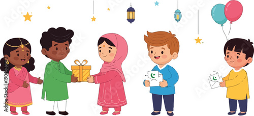 Diverse Muslim Children Celebrating Eid with Gifts and Greeting Cards Illustration