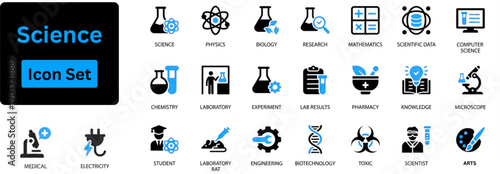 Science solid icon set contain microscope display, atom model, chemical flask, physics demo icon, space. Science and education tools solid icon set for learning and research projects