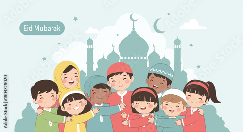 Diverse Group of Happy Muslim Children Celebrating Eid Mubarak in Front of Mosque