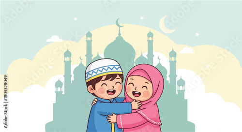 Happy Muslim Kids Celebrating Eid Mubarak Illustration