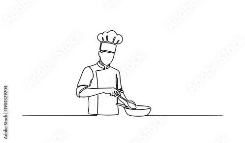 Chef cooking continuous line drawing kitchen food preparation vector illustration