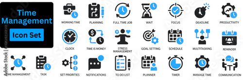 Time Management solid icon set contain checklist, schedule, workflow, to do list, calendar, schedule symbols.