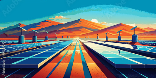 Solar farm glowing beneath clear blue sky high resolution photo