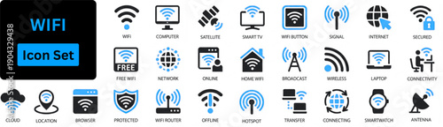 WIFI solid icon set contain Wifi, online, signal, wireless, connect, hotspot, offline, wifi router, computer, radio, antenna, internet and more
