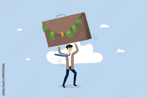 Stressed businessman carrying a giant briefcase overflowing with money