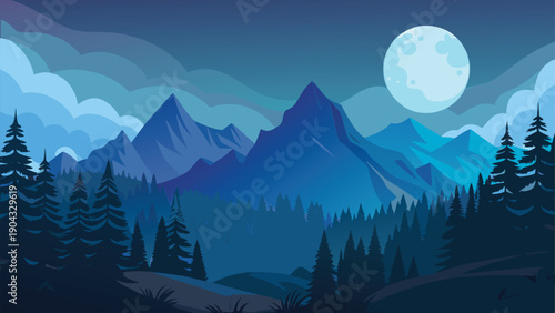 Moonlit mountain landscape vector illustration