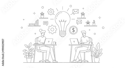 Vector illustration of two people working on laptops with lightbulb moment, business ideas and innovation concept, for presentation or website, isolated on transparent background, png