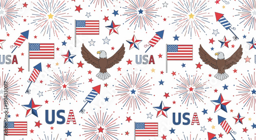 Patriotic seamless pattern with bald eagles, USA flags, exploding fireworks, rockets, and stars celebrating the 4th of July on a solid white background.