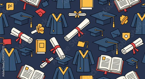 Seamless academic pattern featuring repetitive blue graduation gowns, mortarboards, diplomas tied with ribbons, and open textbooks on a dark navy background in line art style.