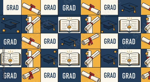 Seamless academic pattern featuring repetitive blue graduation gowns, mortarboards, diplomas tied with ribbons, and open textbooks on a dark navy background in line art style.