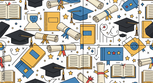Repeating tileable background featuring academic achievement icons: graduation caps, university scrolls, textbooks, and learning elements, illustrated in a clean, modern flat design vector style.