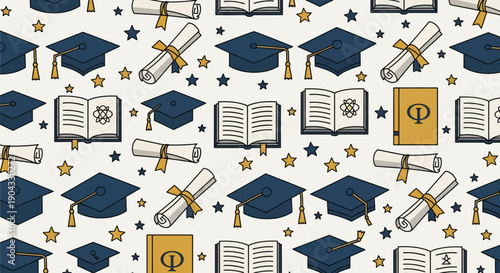 Detailed vector seamless pattern depicting academic achievements: navy blue graduation caps, scrolled diplomas, open books, and scattered gold and blue stars on a neutral background.