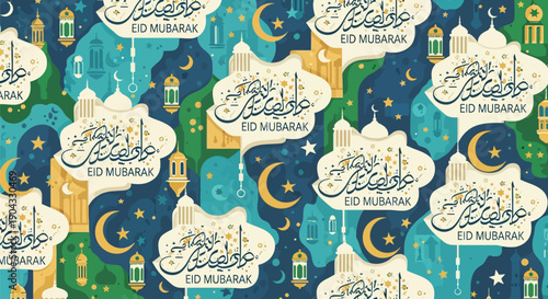 Seamless pattern with Arabic calligraphy "Eid Mubarak," featuring Islamic lanterns, stars, crescent moons, and mosque architecture in a colorful modern illustration style.