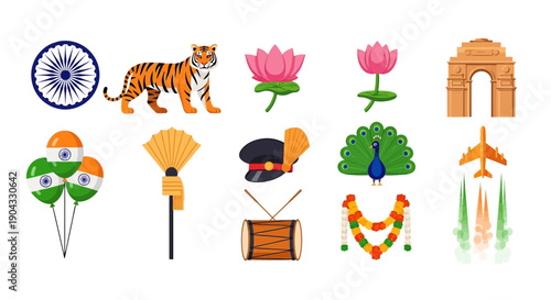 Collection of 12 Indian national symbols and cultural icons against a white background