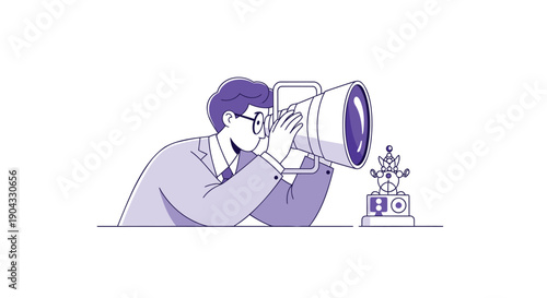 Purple line art illustration of a man taking a photo with a large camera, flower pot on a table, for website or presentation