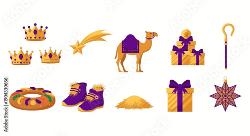 Collection of flat illustrated items related to the Epiphany and Mardi Gras celebrations