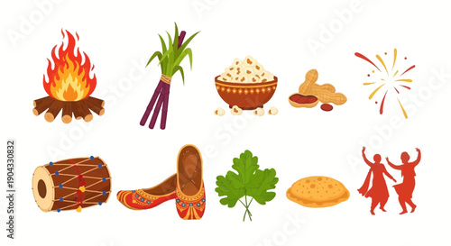 Flat icons representing elements of the Punjabi festival Lohri including a bonfire sugarcane and popcorn