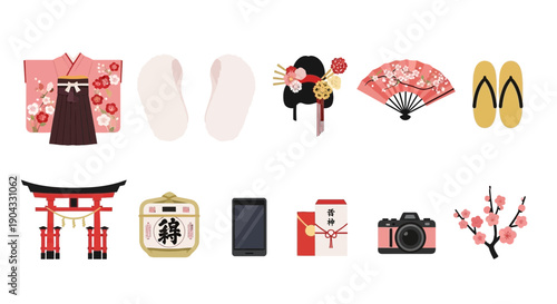 Japanese cultural items including clothing shrine gate fan and camera