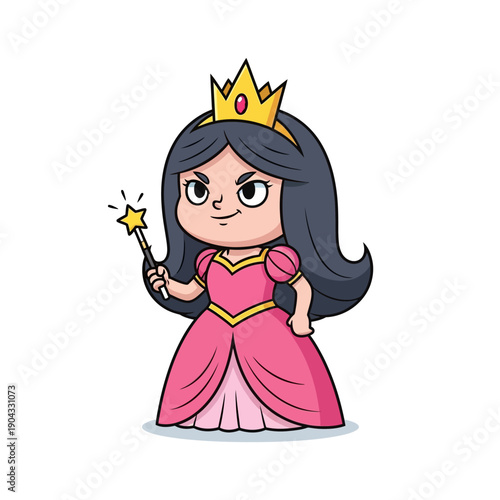 Cute Cartoon Princess with Crown and Magic Wand, Pink Dress