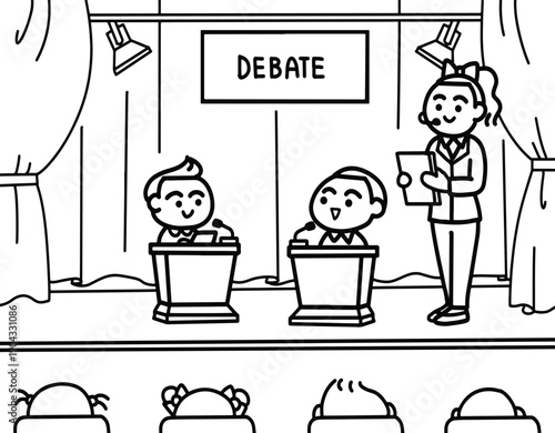 Kids school debate competition on stage with moderator and audience line art