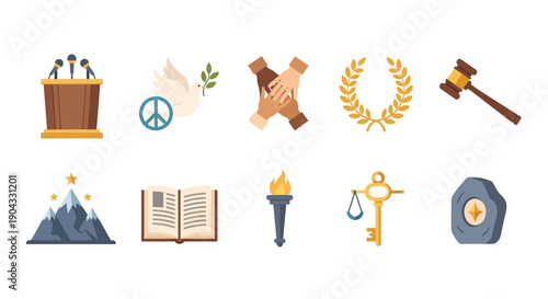 Ten flatstyle icons depicting concepts like politics peace unity victory justice and aspiration