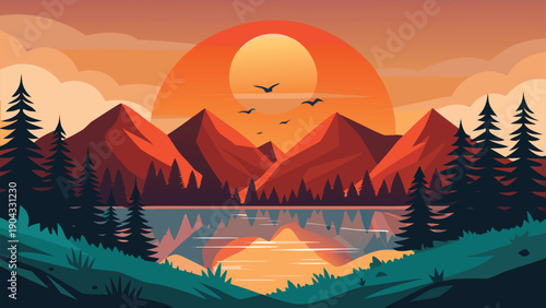 Serene sunset over mountain lake with silhouetted birds