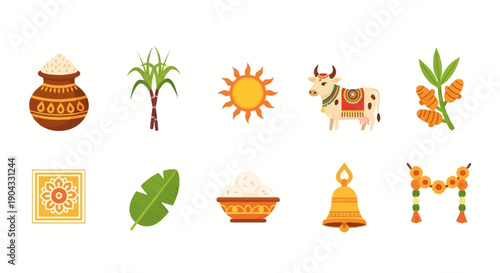 Ten icons related to the Pongal harvest festival arranged in two rows