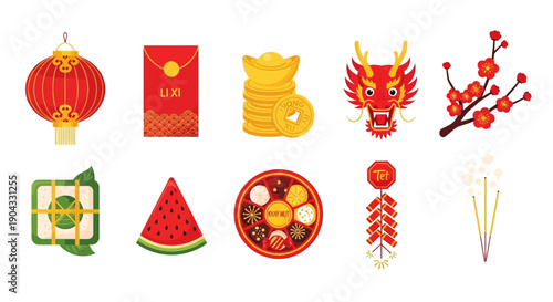 Ten graphic icons representing Vietnamese Lunar New Year Tết traditions on a white background