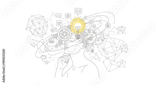 Vector illustration of a human head with a lightbulb and various icons and symbols, representing creativity and ideas, for website or presentation
